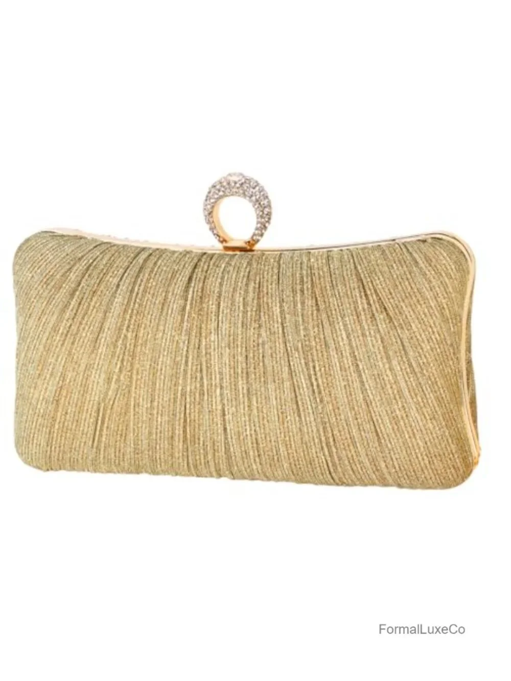 Faux Leather Glitter Pleated Clutch Purse with Rhinestone Ring Evening Bag for